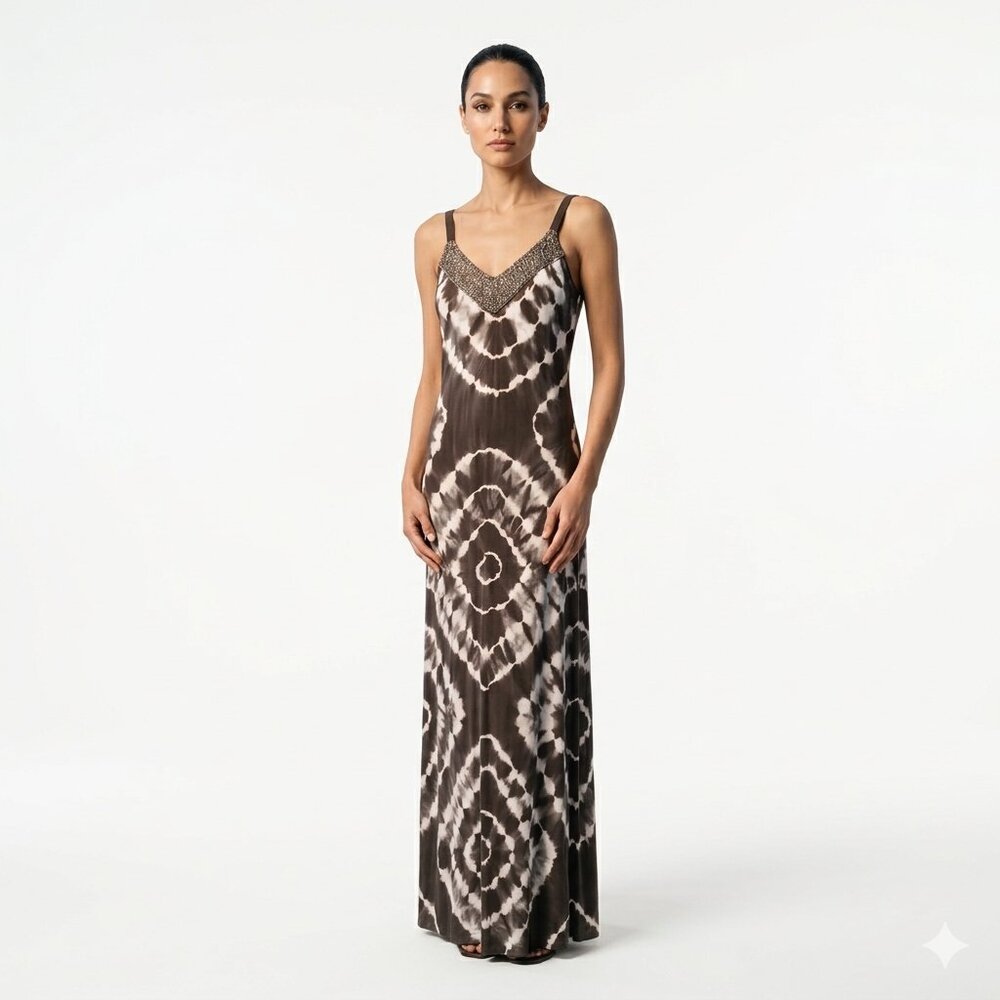 INC International Concepts Green and Cream Patterned Maxi Dress Medium